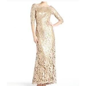 Tadashi Shoji Lace Gold Sequin Mother of the Bride Formal Gown Long Maxi Dress 6